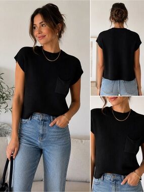 Black Cropped Ribbed Knit Sweater Top w/ Pocket